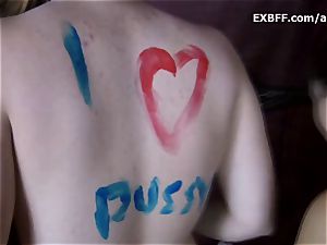 Collared fur covered first-timer gets assets painted by girlfriend